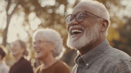 Group of retirees dancing and laughing during a line-dancing class, recording their moves for a fun social media reel photo