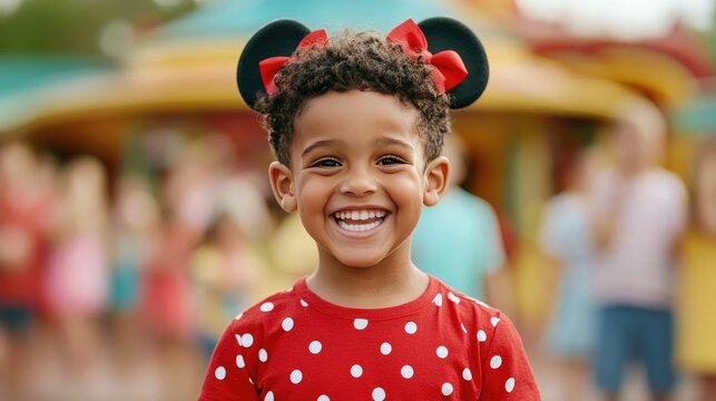 Cheerful young girl dressed in a colorful costume eagerly awaiting a character meet and greet event at a vibrant festive amusement park