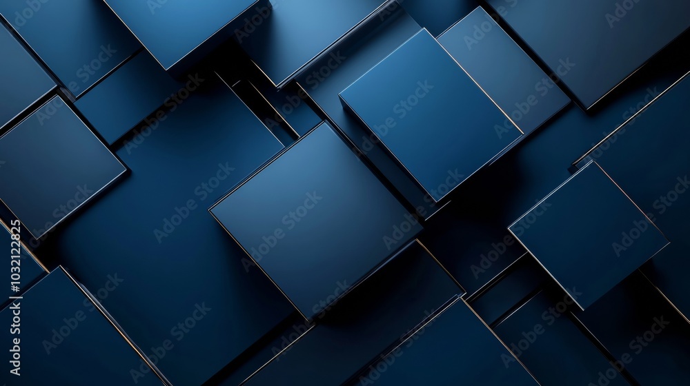 Poster dark blue squares with golden edges are overlapping, creating an abstract and modern design. this el
