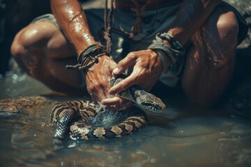Fototapeta premium Man's Feet and Camouflaged Snake in Wet Environment