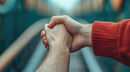 Exhilarated friends holding hands eager to embark on the tallest most daring roller coaster ride at...