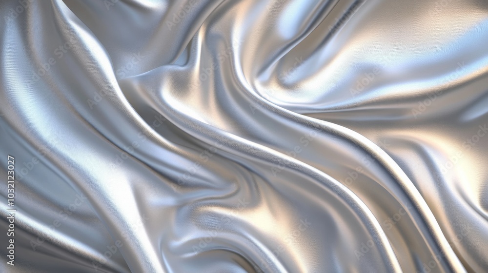 Poster smooth and elegant silver satin fabric flowing in the wind creating abstract shapes, perfect for a l