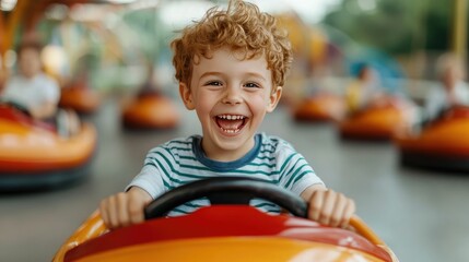 Joyous young boy riding in colorful bumper car at amusement park crashing into other cars with exhilarated laughter and unbridled excitement  Carefree childhood happiness and recreation at its finest