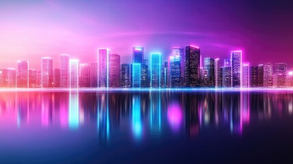 Fototapeta premium Neon Pixelated Cityscape with Glitch Effects