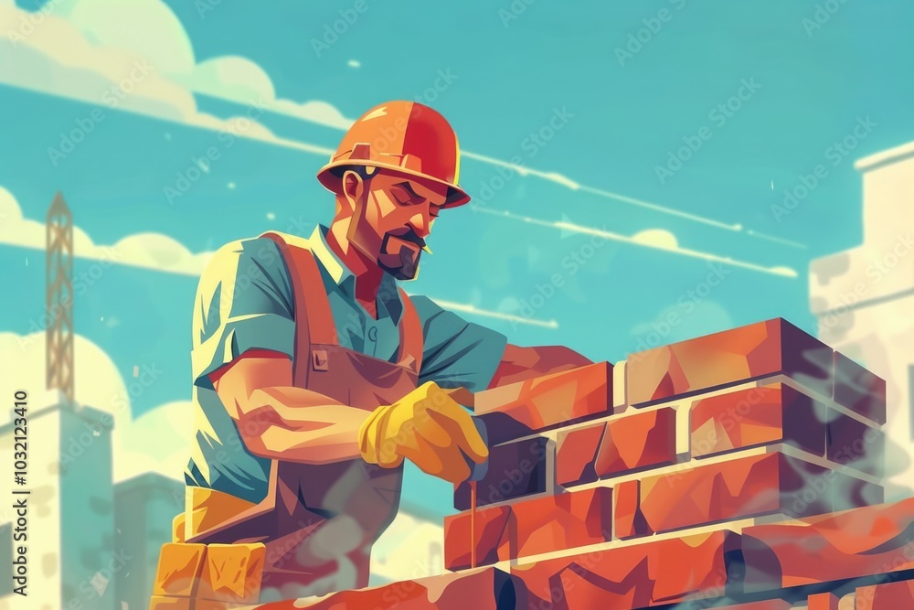 Poster a person building a brick wall with trowel and bricks, suitable for use in architecture or construct