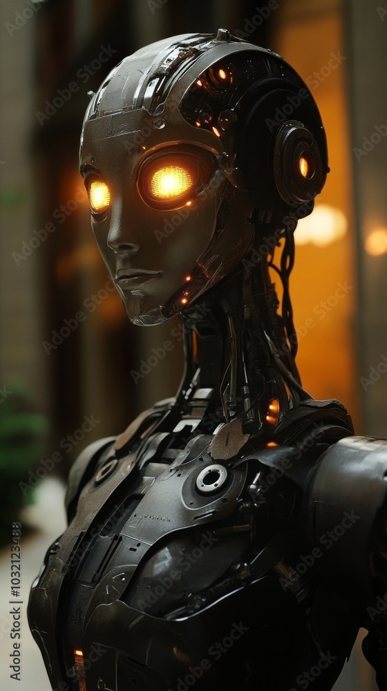 Poster futuristic female robot with glowing eyes is standing in a dark environment, showcasing the advancem