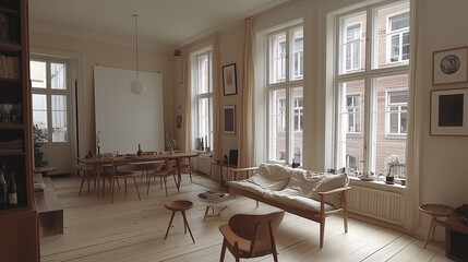 Scandinavian-inspired living room with a blank canvas above the sofa and simple furniture, perfect for overlaying designs