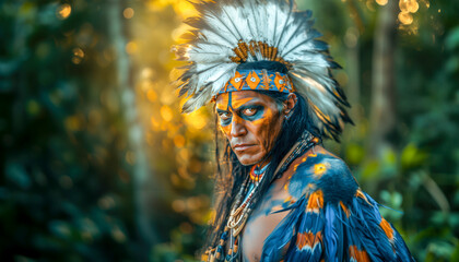 Indigenous person from the Amazon, with headdress and feathers. Original people in the Amazon rainforest 