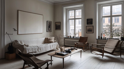 Scandinavian-inspired living room with a blank canvas above the sofa and simple furniture, perfect for overlaying designs