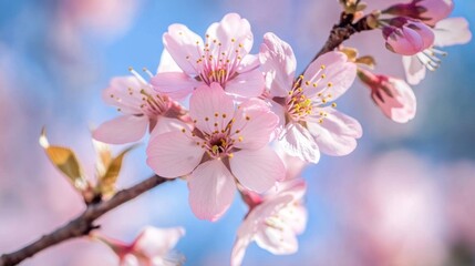 Close-up of delicate pink cherry blossoms blooming on a branch against a soft blue and pink background.