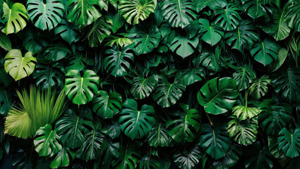 Fototapeta premium A rich, tropical background filled with layered green leaves of monstera, banana, and palm plants, creating a dense and lush jungle vibe with vibrant colors and deep shadows.