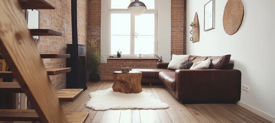 Stylish industrial loft living room interior with leather couch., wooden coffee table a