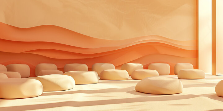 A calming sand-colored abstract background for a post-traumatic stress disorder support group, with soft seating and abstract art that encourages relaxation and emotional processing.