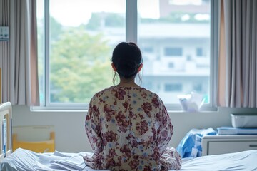 A person sitting on a bed looking out the window