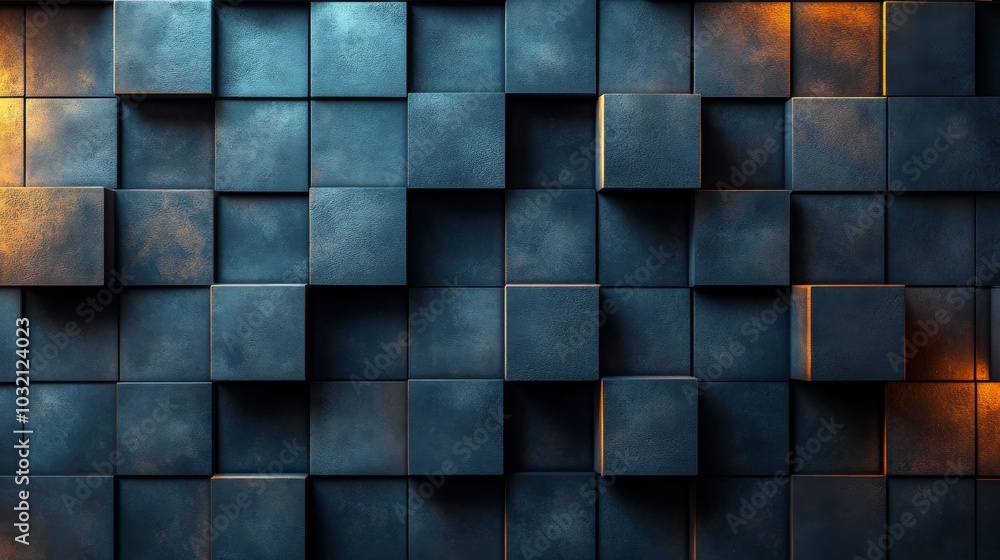 Poster abstract dark cubes background forming a random pattern with golden highlights, perfect for any proj