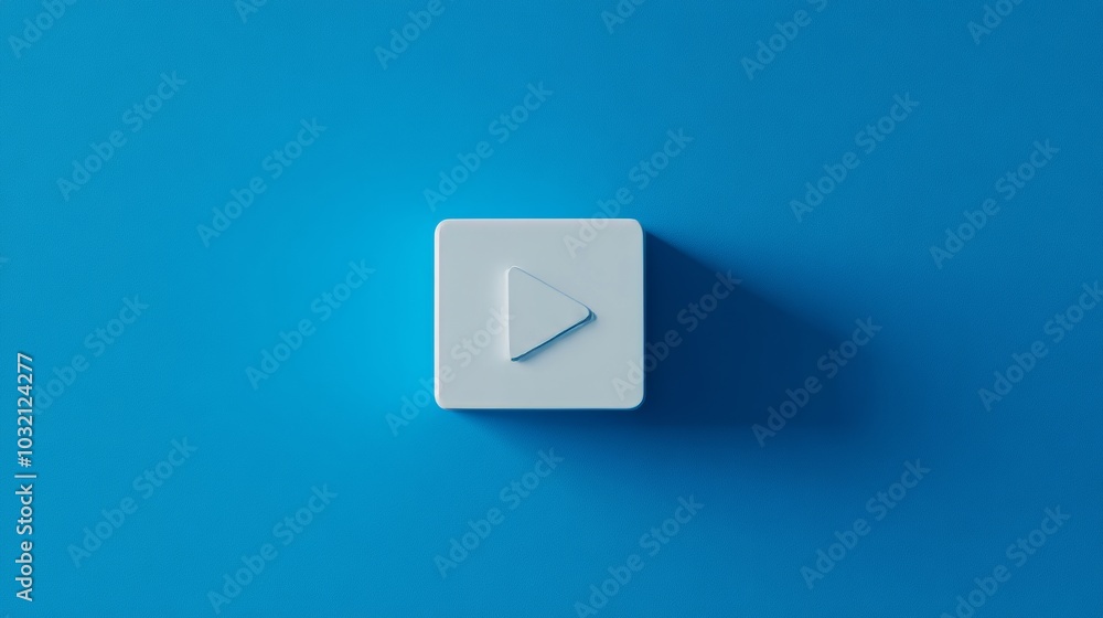 Aufkleber 3d rendering of a white play button icon casting a shadow on a blue background, perfect for websites