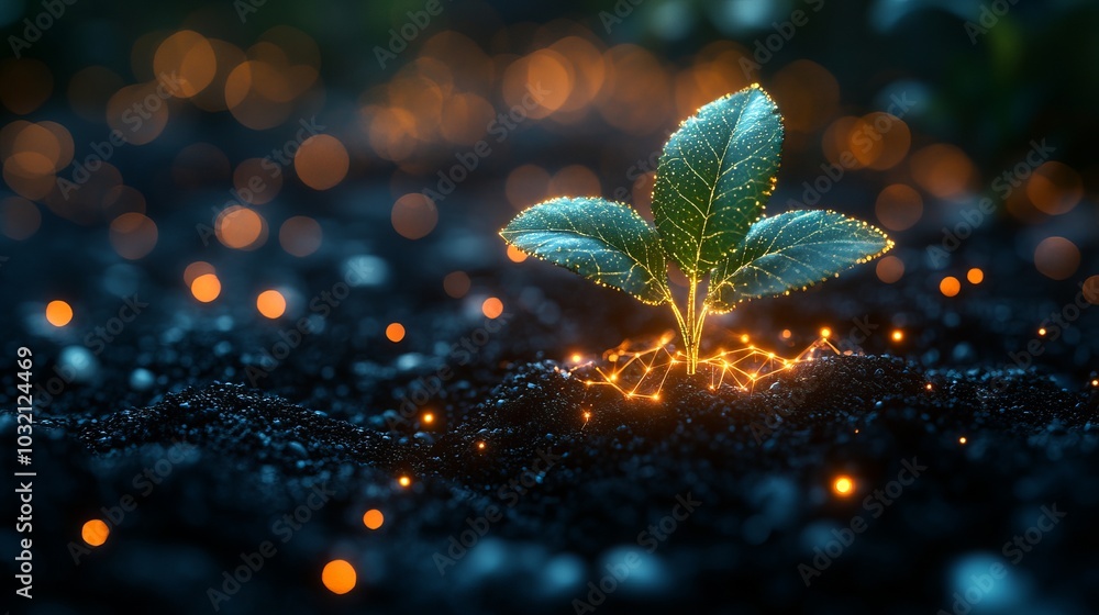 Poster this magical image of a small plant growing from dark soil with glowing network connection points is