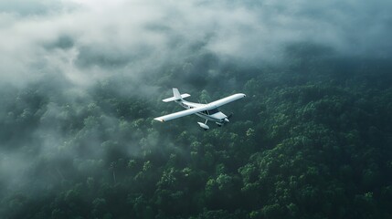 An aerial view of a small white airplane flying over a lush green forest, with misty treetops and dense vegetation, creating a cinematic adventure scene from above.