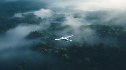 Naklejka premium An aerial view of a small white airplane flying over a lush green forest, with misty treetops and dense vegetation, creating a cinematic adventure scene from above.