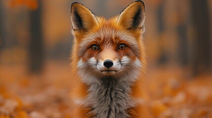 Obraz premium A close-up of a fox in an autumn forest, showcasing its vivid orange fur and expressive eyes.