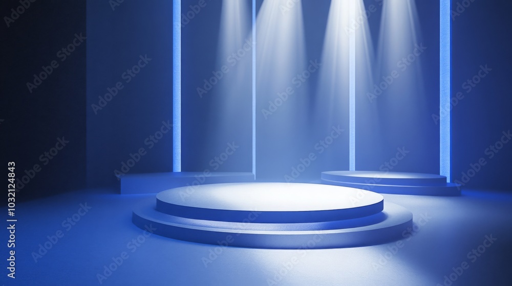 Poster a modern stage design showcasing circular platforms illuminated by blue lights. the ambiance is dram