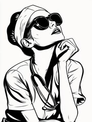 Stylish Nurse in Sunglasses. Modern Medical Professional in Bold Line Art
