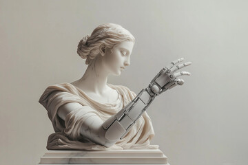 Marble Ancient Greek goddess sculpture enhanced with a modern bionic hand. Connection to robotic limb. Cybernetics and bionics enhancement concept. High-Tech Prosthesis to Help People with Disability