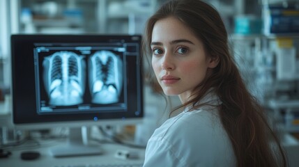 Medical diagnostic analysis: A female doctor operates cutting-edge imaging and scanning systems displayed on various monitors in a futuristic medical setup