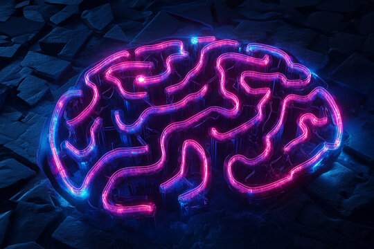 Labyrinth shaped like human brain, illuminated with neon, showing complex pathway design of human mind. Development, researching, creating interaction chains in human brain. Artificial intelligence