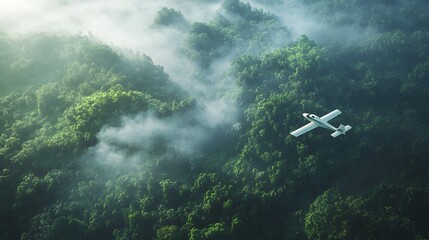 An aerial view of a small white airplane flying over a lush green forest, with misty treetops and dense vegetation, creating a cinematic adventure scene from above.