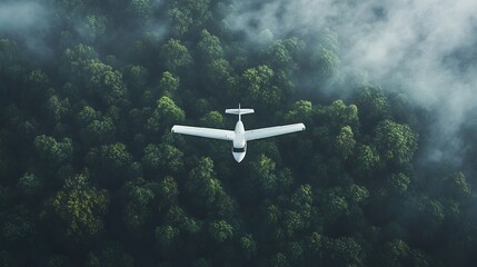 An aerial view of a small white airplane flying over a lush green forest, with misty treetops and dense vegetation, creating a cinematic adventure scene from above.