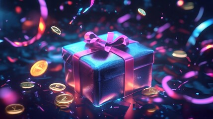 Shiny gift box wrapped in ribbon, surrounded by coins