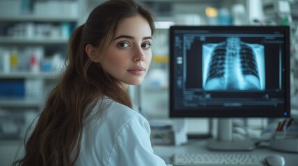 Medical diagnostic analysis: A female doctor works with sophisticated imaging and scanning tools displayed on multiple monitors in an advanced clinical setting