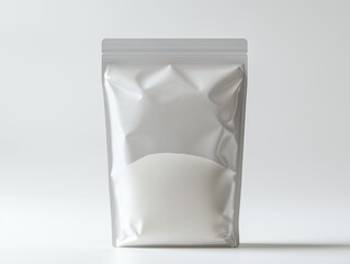 Mockup of a Circular Zipper Bag for Advertising Purposes, Featuring Half Flour and Half Air Inside, Made from Reflective Thin Plastic Material with a Resealable Functionality and Unique Texture