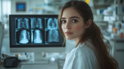 Medical diagnostic analysis: A female doctor works with sophisticated imaging and scanning tools displayed on multiple monitors in an advanced clinical setting