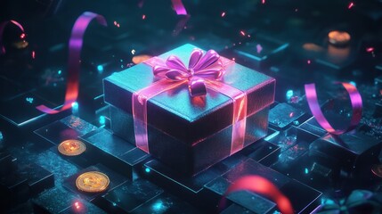 Gift box with bow on glowing matrix and coins.
