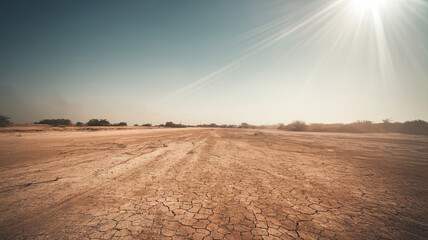 Obraz premium dry desert landscape under blazing sun, showcasing cracked earth and sparse vegetation, highlighting harshness of intense heatwave