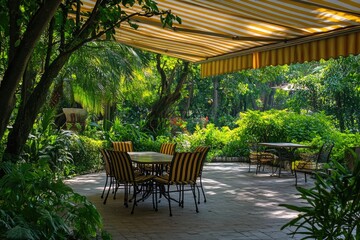 Obraz premium Patio with table and chairs under a shaded canopy, perfect for outdoor gatherings