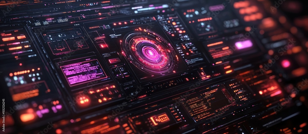 Poster futuristic interface with glowing red and purple lights and data displays.
