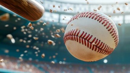 Baseball being hit by a bat with dirt flying in the air.