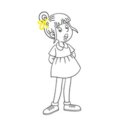 Cute girl sings. Black and white picture with yellow accent. Page for coloring book. Isolated on white background. Vector illustration.