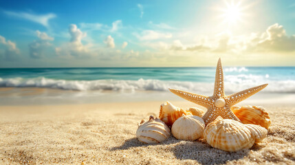 A serene sunrise at the beach paints the sky in vibrant hues of orange, pink, and gold.