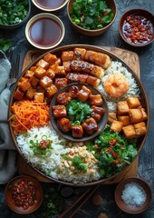 Platter of Food With Shrimp, Rice, and Sauces