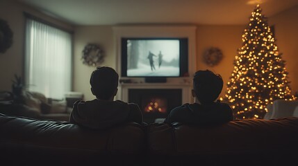 Fototapeta premium Two boys watching a festive film by a cozy Christmas tree.