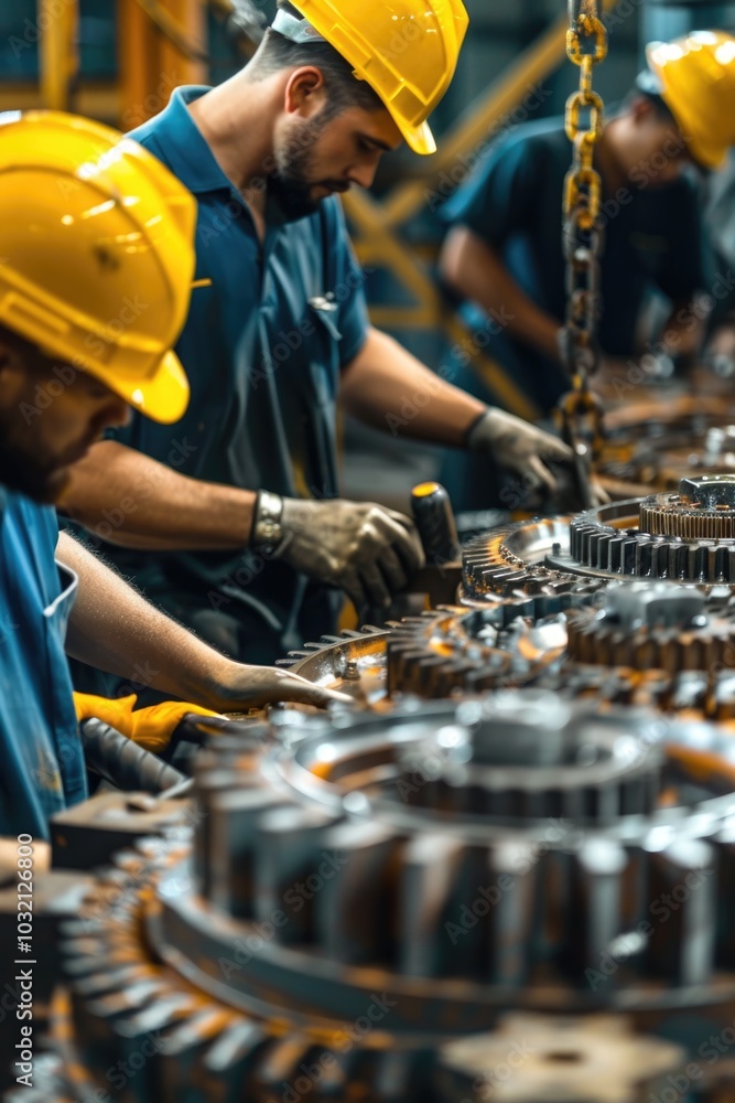 Poster group of workers maintaining and repairing machinery in a factory setting