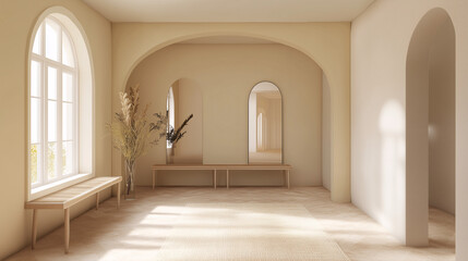 Spacious entryway with minimalist wooden bench and neutral-toned walls