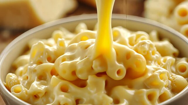 Cheese sauce dripping over mac and cheese