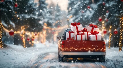 A red truck stands on a snow-covered street, adorned with twinkling lights and surrounded by trees. Wrapped gifts in vibrant colors fill the truck bed, creating a cheerful winter atmosphere.