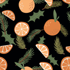 Seamless pattern with oranges and fir branches. Vector illustration in bright colors.