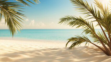 A calming beach background featuring soft sands, palm leaves swaying gently at the top, and the ocean's horizon blending with the bright, sunlit sky. Perfect for summer themes.